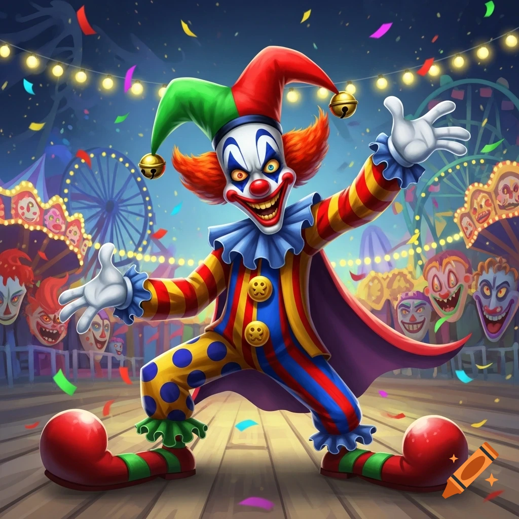 A terrifying, colorful clown with a jester hat and exaggerated grin stands in a vibrant, slightly eerie carnival setting.