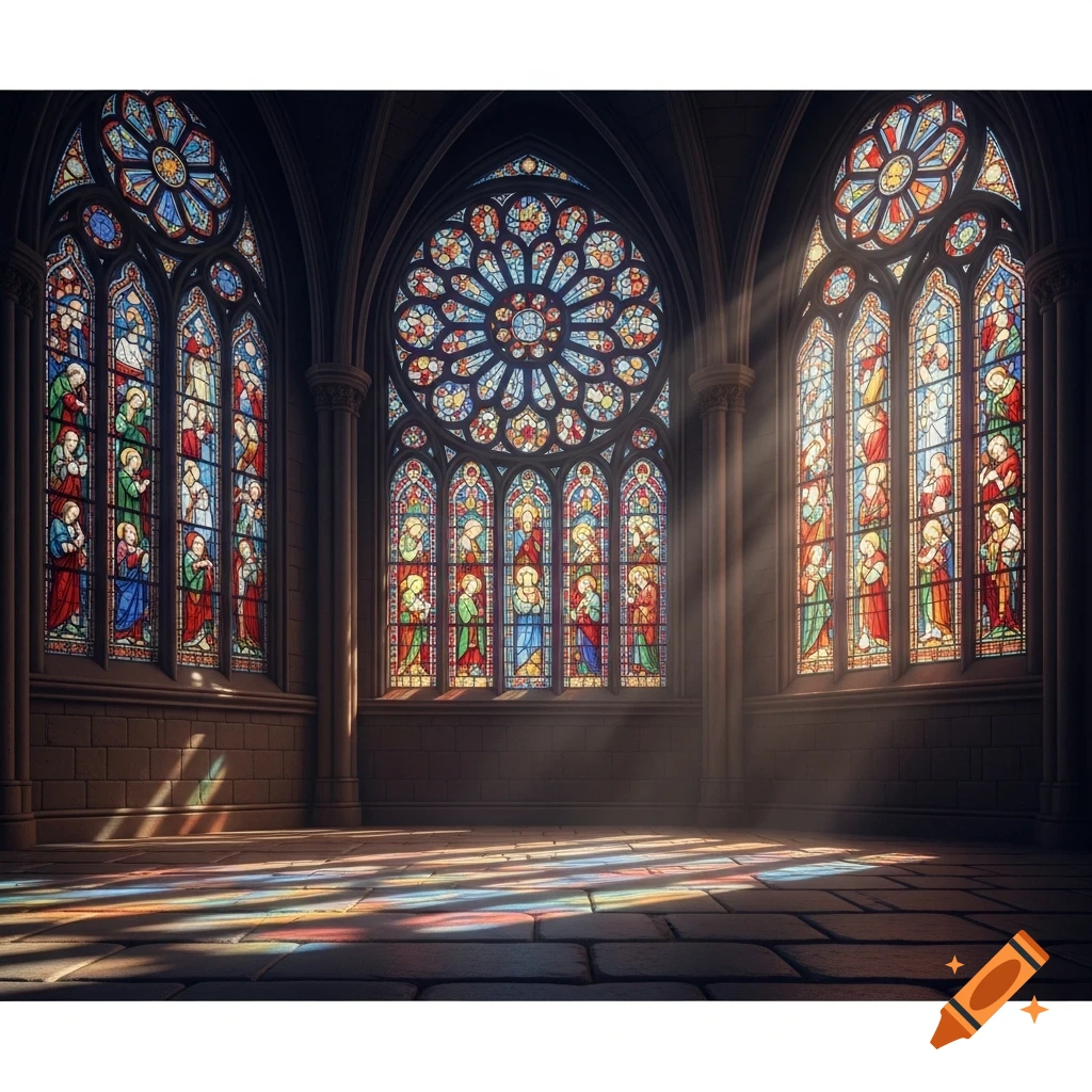 Sunlit interior of a gothic cathedral with intricate, colorful stained glass windows casting reflections on the stone floor.