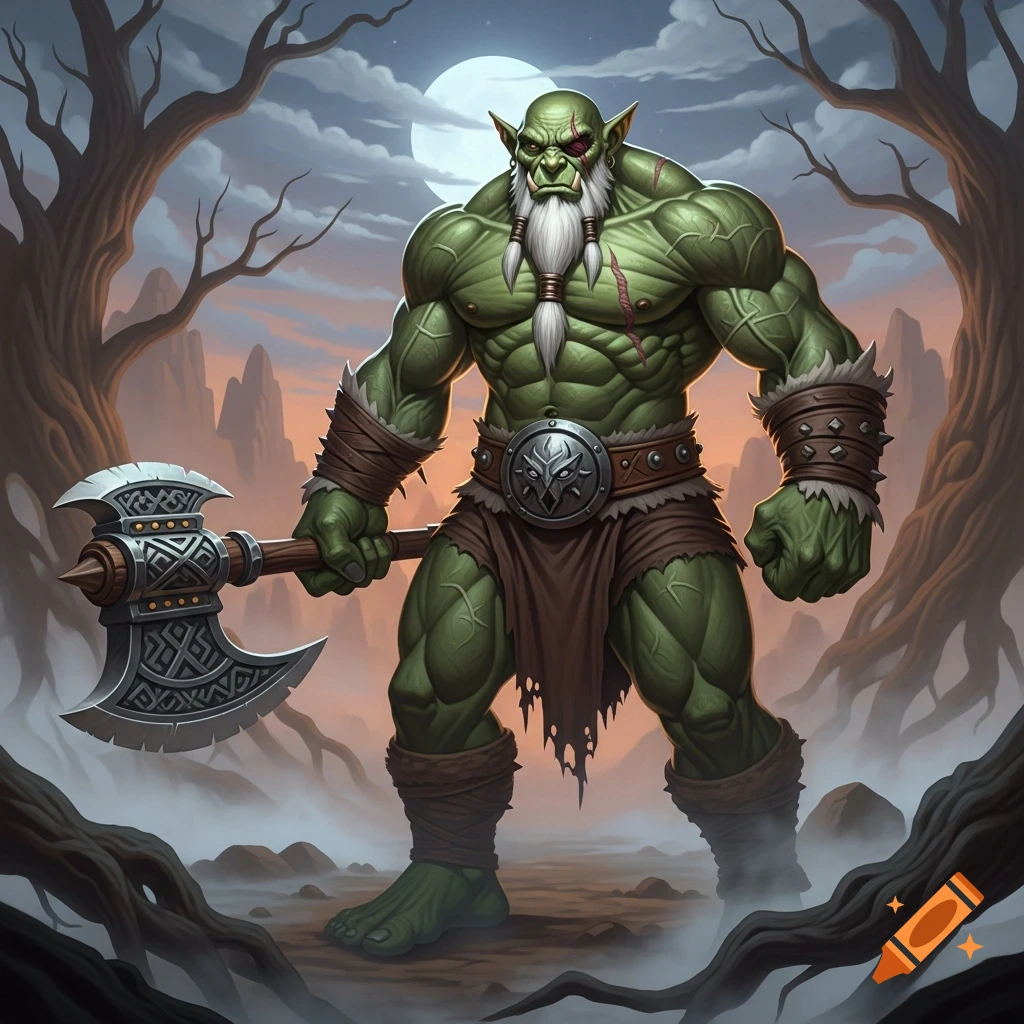 A muscular green orc-like troll with a white beard and an eyepatch, holding a battle axe, stands in a misty forest under a full moon.