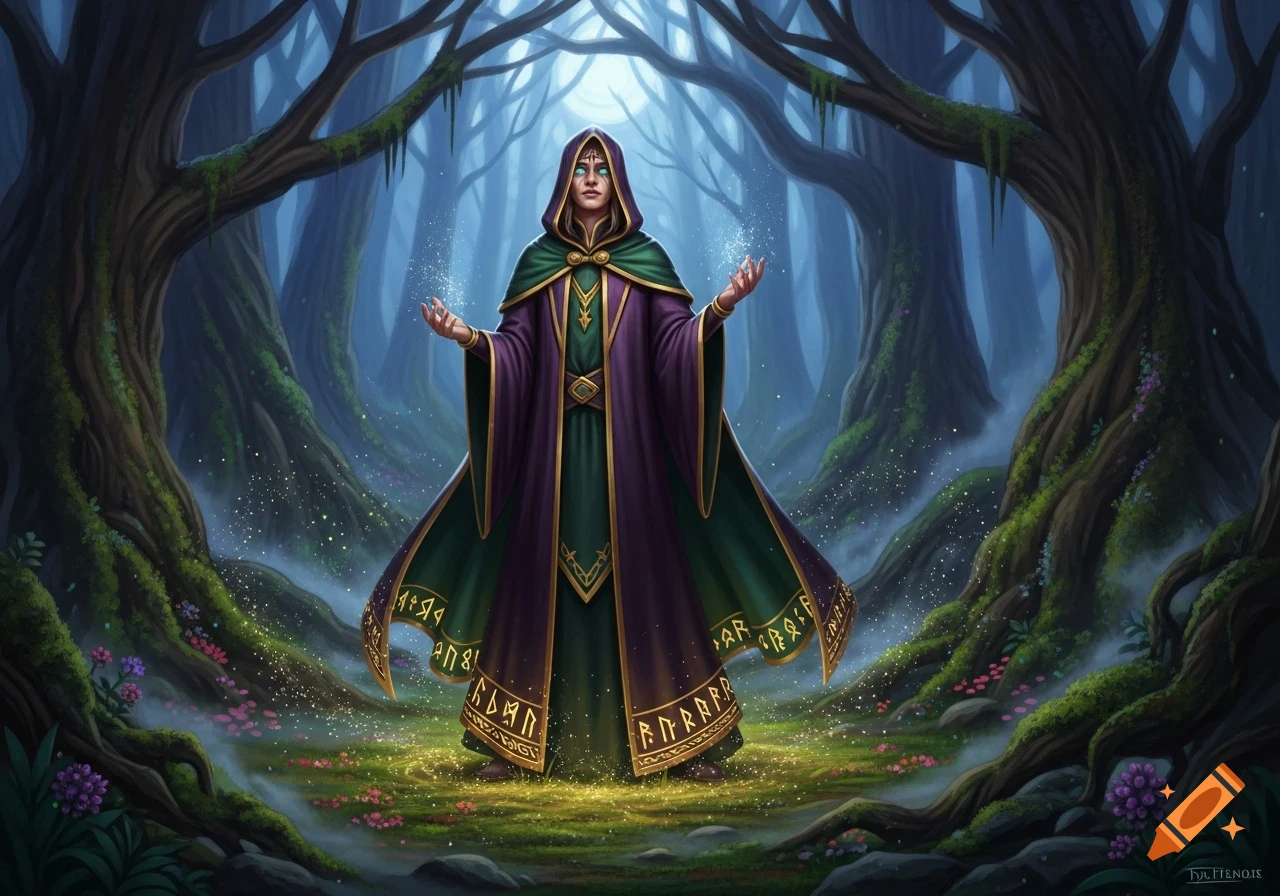 A hooded, robed figure with glowing eyes stands in a magical forest, casting shimmering light from their hands.