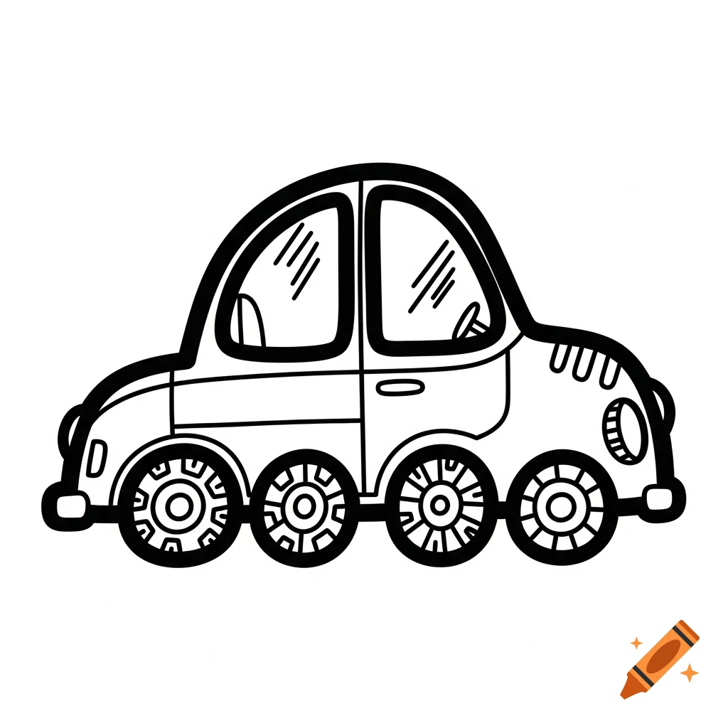 A black and white child-like drawing of a car with six wheels, in felt pen style.