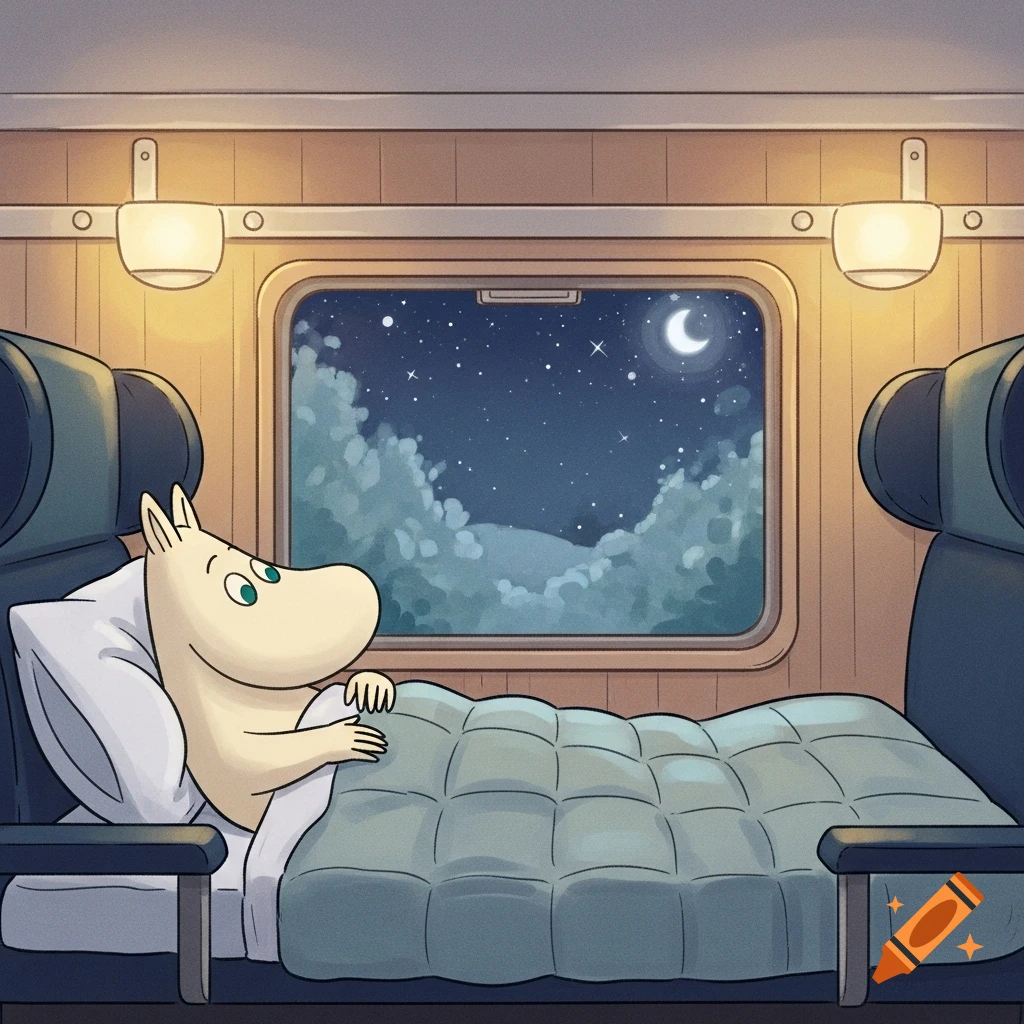 A cartoon Moomin character sleeps cozy under a quilt in a train, gazing at the moon and stars from the window at night.