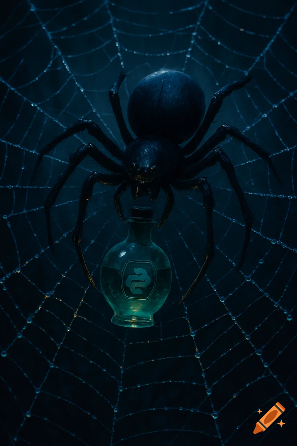 A large black spider holds a glowing teal bottle with a Python logo, suspended on a dew-covered spiderweb against a dark background.
