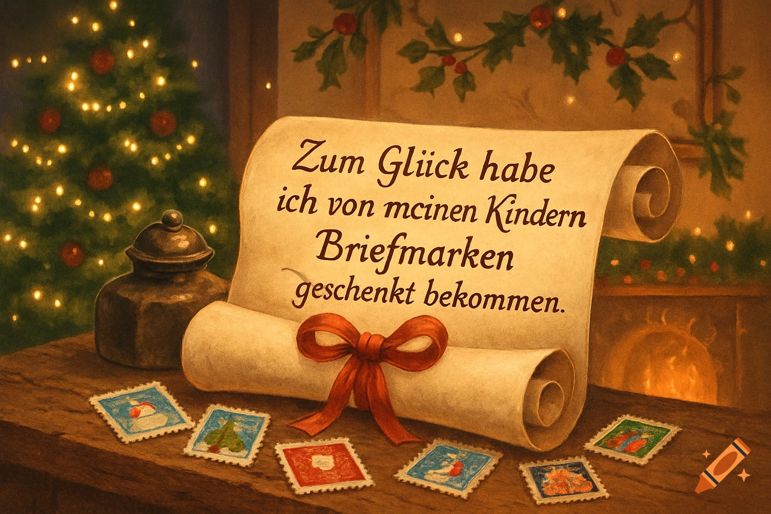 A festive scene with a scroll, inkwell, and Christmas stamps on a wooden table, with a decorated Christmas tree and fireplace in the background.