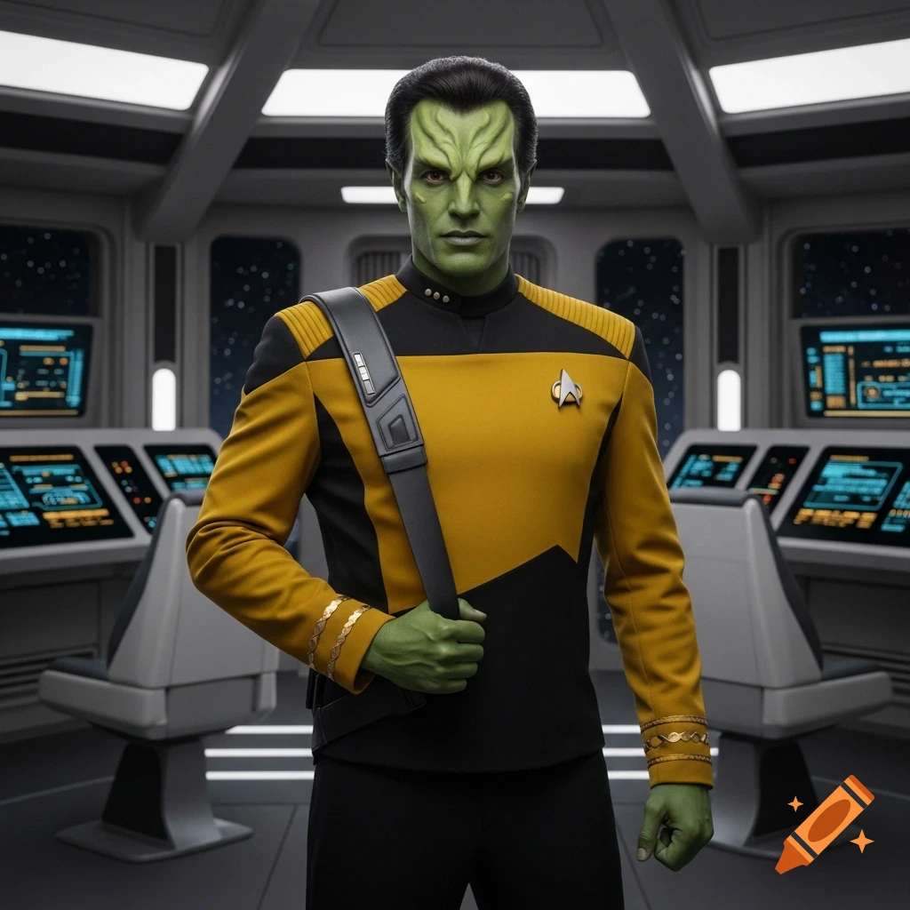 A green-skinned male alien in a yellow Starfleet-style uniform and black pants stands on a spaceship bridge.