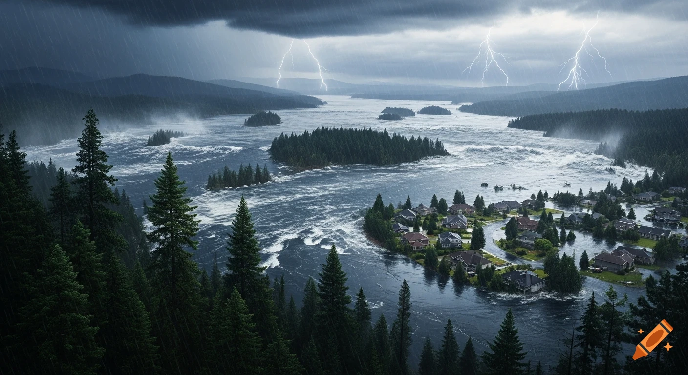 Aerial view of a town being flooded by a raging river during a thunderstorm with lightning strikes over mountains.