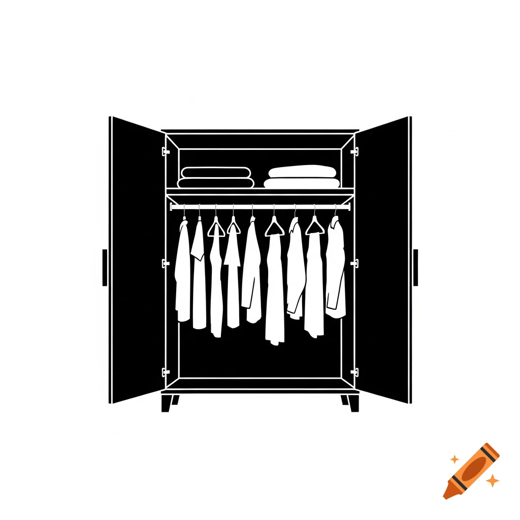 Minimalist black and white icon of an open wardrobe with clothes hanging and folded inside.