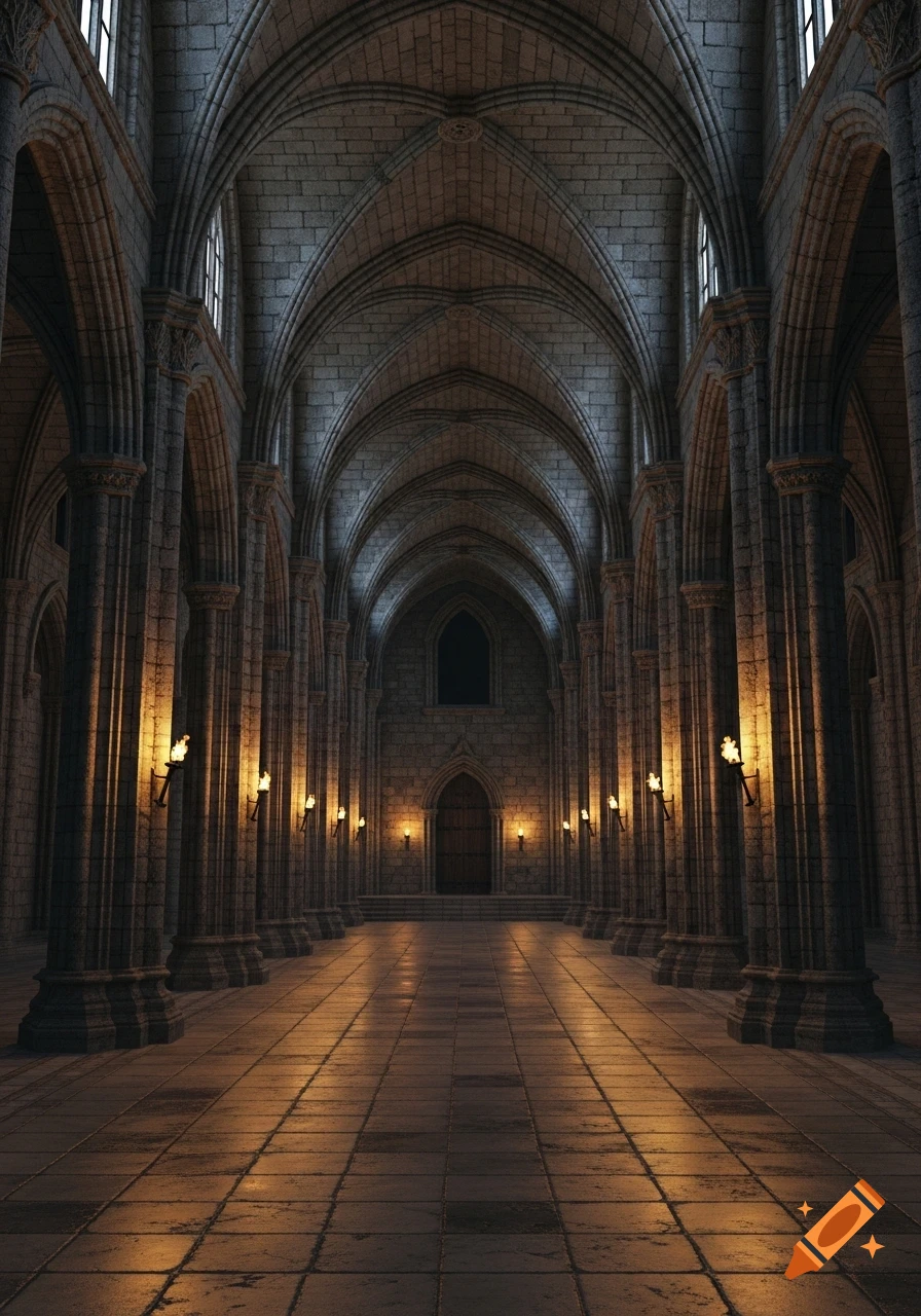 A long, dark, stone Gothic castle hallway with many pillars, arched ceilings, and torches lighting the path.