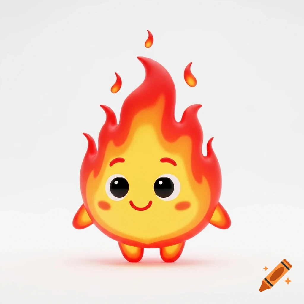 Cute 3D cartoon fire character with a happy face on a plain white background.