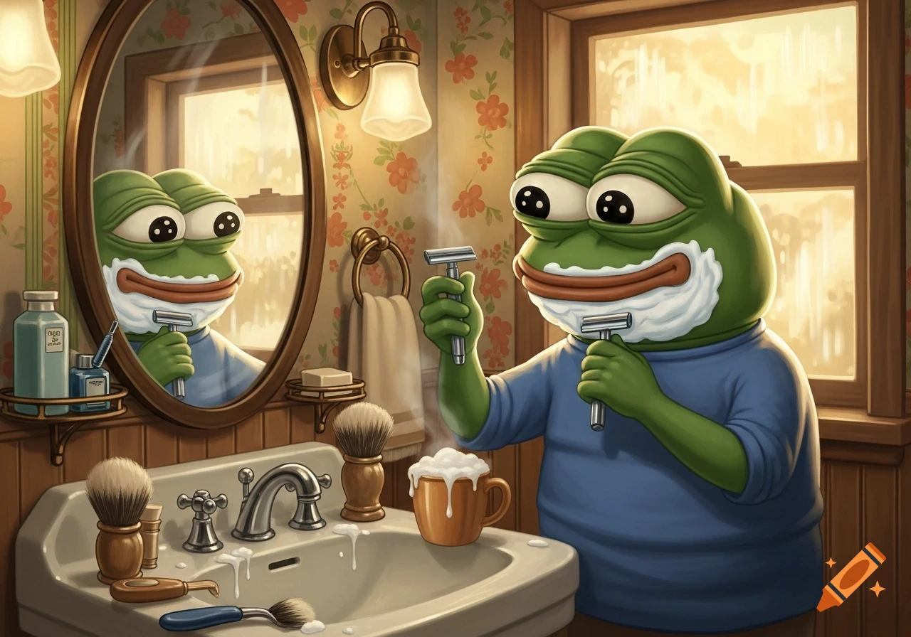 Cartoon Pepe the frog shaving with a safety razor in a nostalgic bathroom, looking into a mirror with a happy expression.