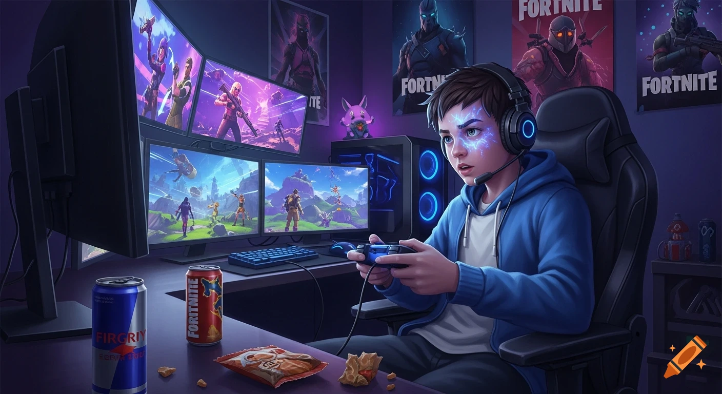 A young boy with glowing blue lightning on his face wears a headset, holding a controller and intently playing a video game at a multi-monitor computer setup. Fortnite posters adorn the wall behind him, and soda cans sit on his desk.