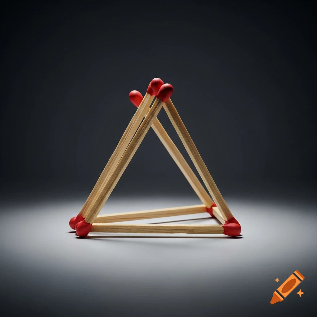Six wooden matchsticks with red tips form a 3D tetrahedron on a dark grey background.