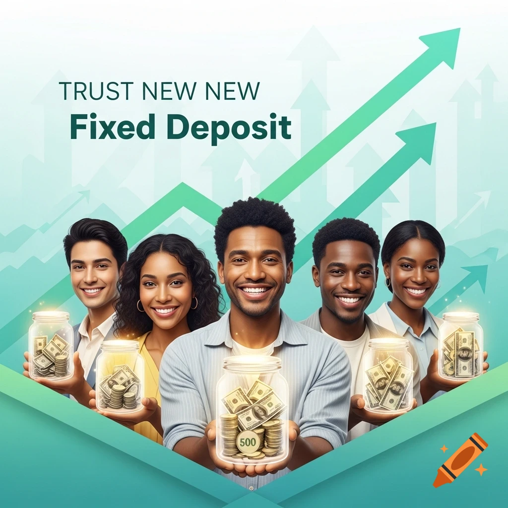 A group of diverse, smiling people holding glass jars filled with money, set against a background of upward-trending green arrows, promoting a Fixed Deposit.