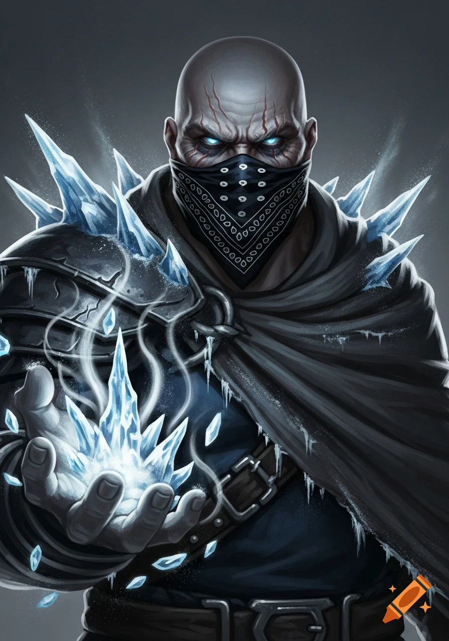 A bald, stern-faced villain with glowing blue eyes and facial scars, wearing a black bandana and armored cloak, conjures glowing ice shards.