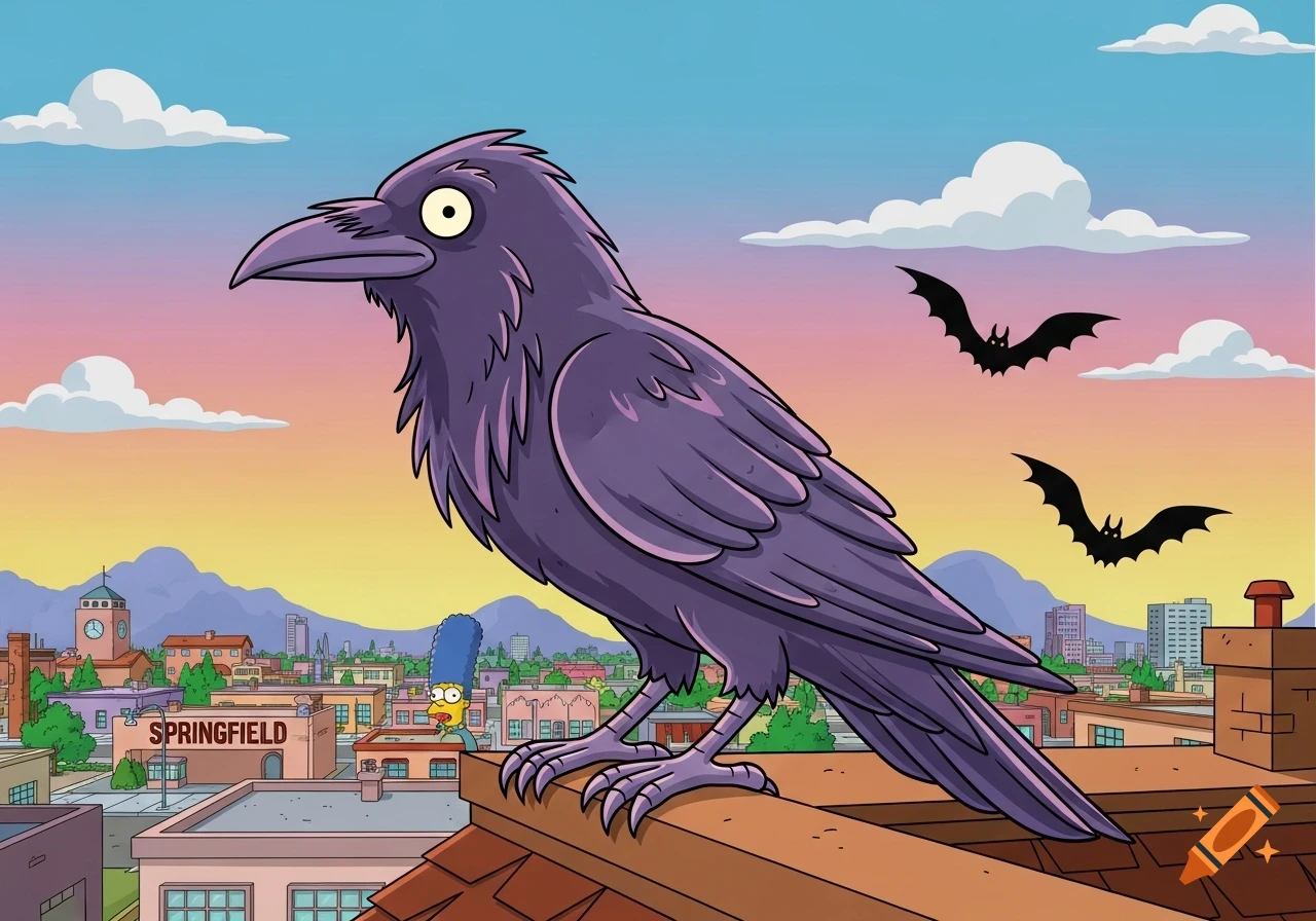 A large purple crow with wide eyes perches on a brown roof, overlooking the cartoon city of Springfield at sunset with Marge Simpson and two bats.