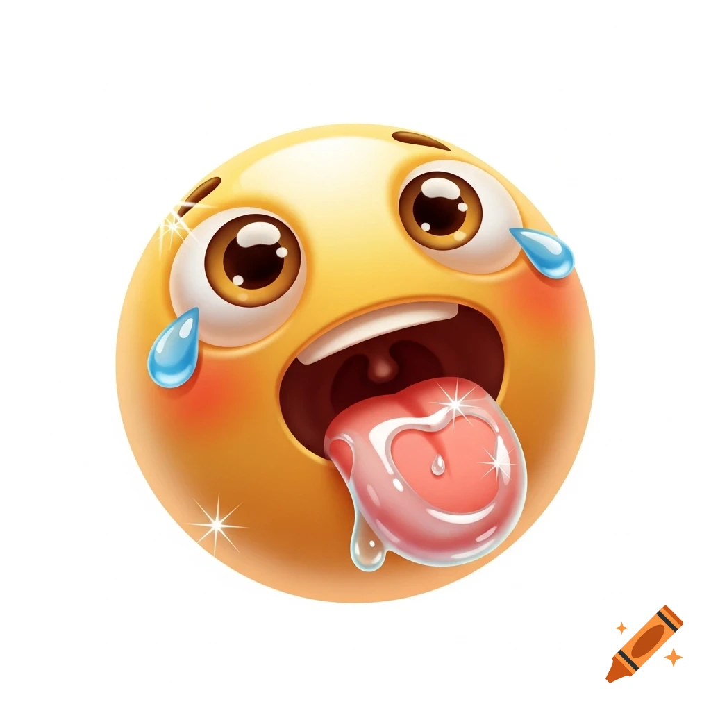 A wide-eyed yellow emoji face with tears and a long tongue sticking out, covered in white slime.