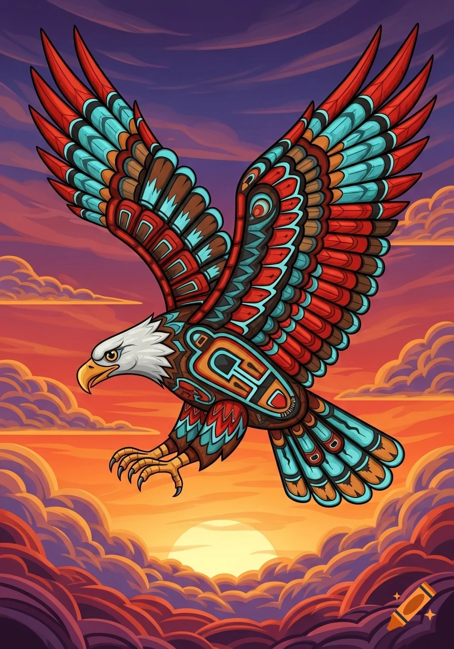 Colorful eagle in Native American art style flying over a sunset sky.