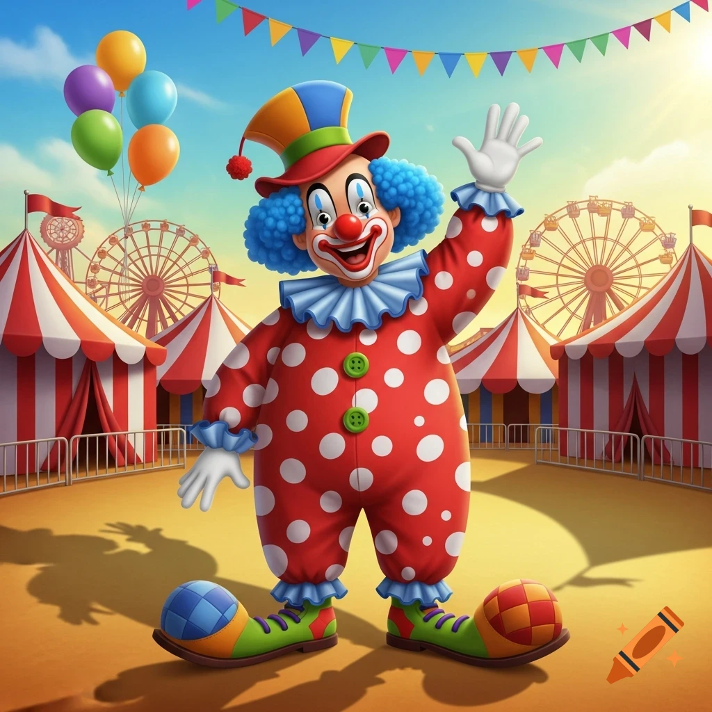 A goofy clown in a red polka-dot suit waving at a sunny carnival with striped tents and Ferris wheels.