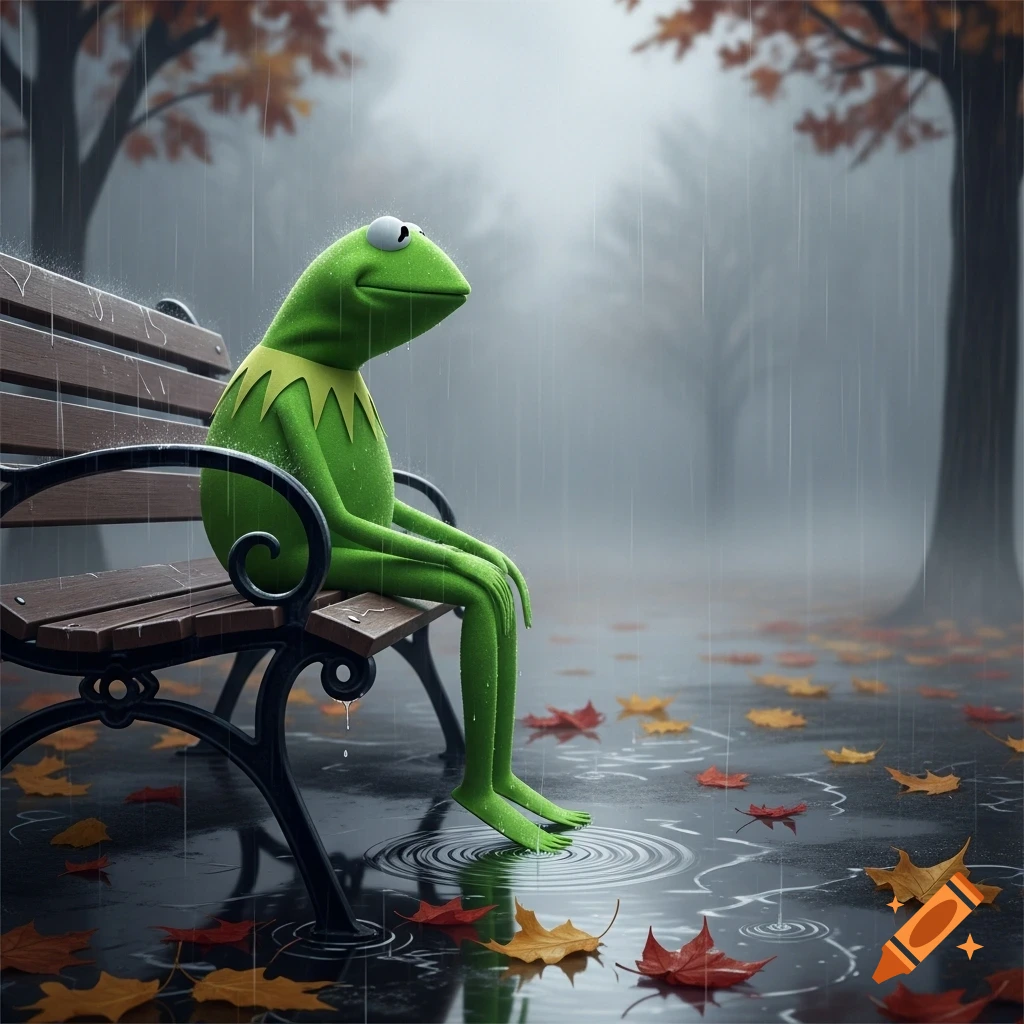 Kermit the Frog sits sadly on a park bench during a rainy autumn day, surrounded by wet fallen leaves and puddles.