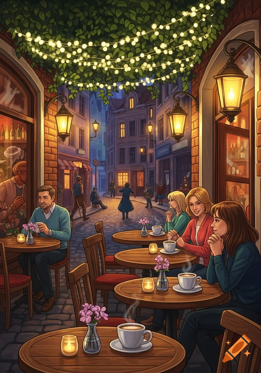 An illustration of people enjoying coffee at outdoor tables on a bustling city street cafe at night, lit by string lights and lanterns.