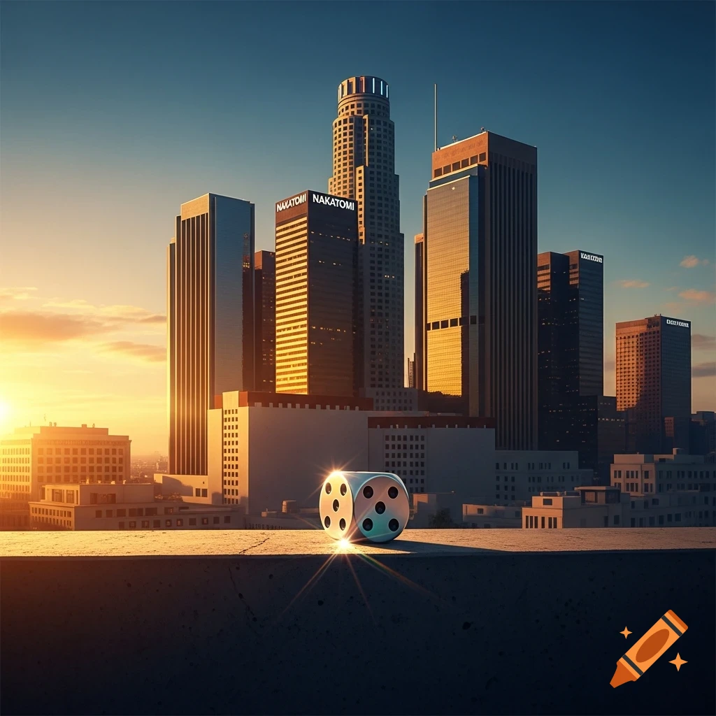 A large, shiny die sits on a concrete ledge overlooking a city skyline at sunset, with buildings clearly displaying 'NAKATOMI' logos.