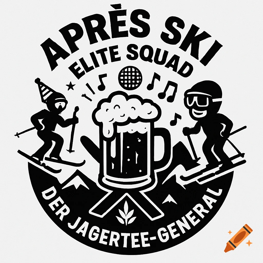Black and white logo of two stylized skiers, a frothy beer mug, musical notes, and mountains, with text 'APRÈS SKI ELITE SQUAD' and 'DER JAGERTEE-GENERAL'
