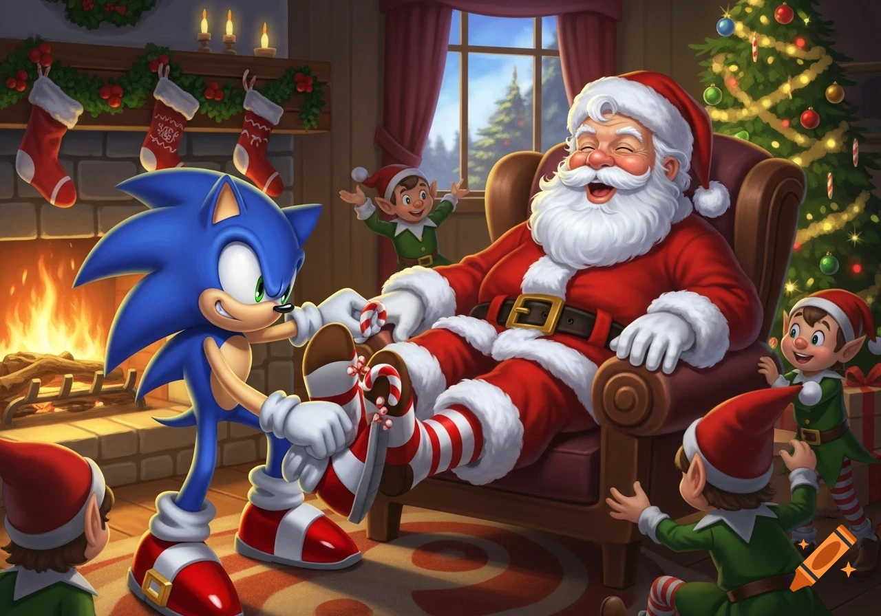 Sonic the Hedgehog tickles Santa's feet in a festive living room, surrounded by smiling elves and a decorated Christmas tree. Cartoon style.