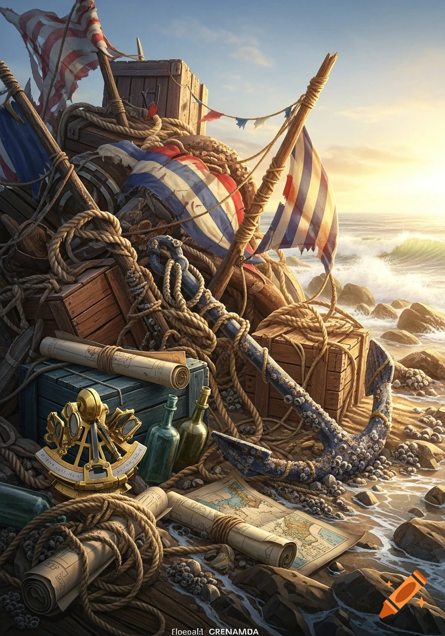 Detailed illustration of shipwreck items and nautical supplies piled on a rocky beach at sunset, featuring an anchor, flags, crates, ropes, maps, a sextant, and bottles.