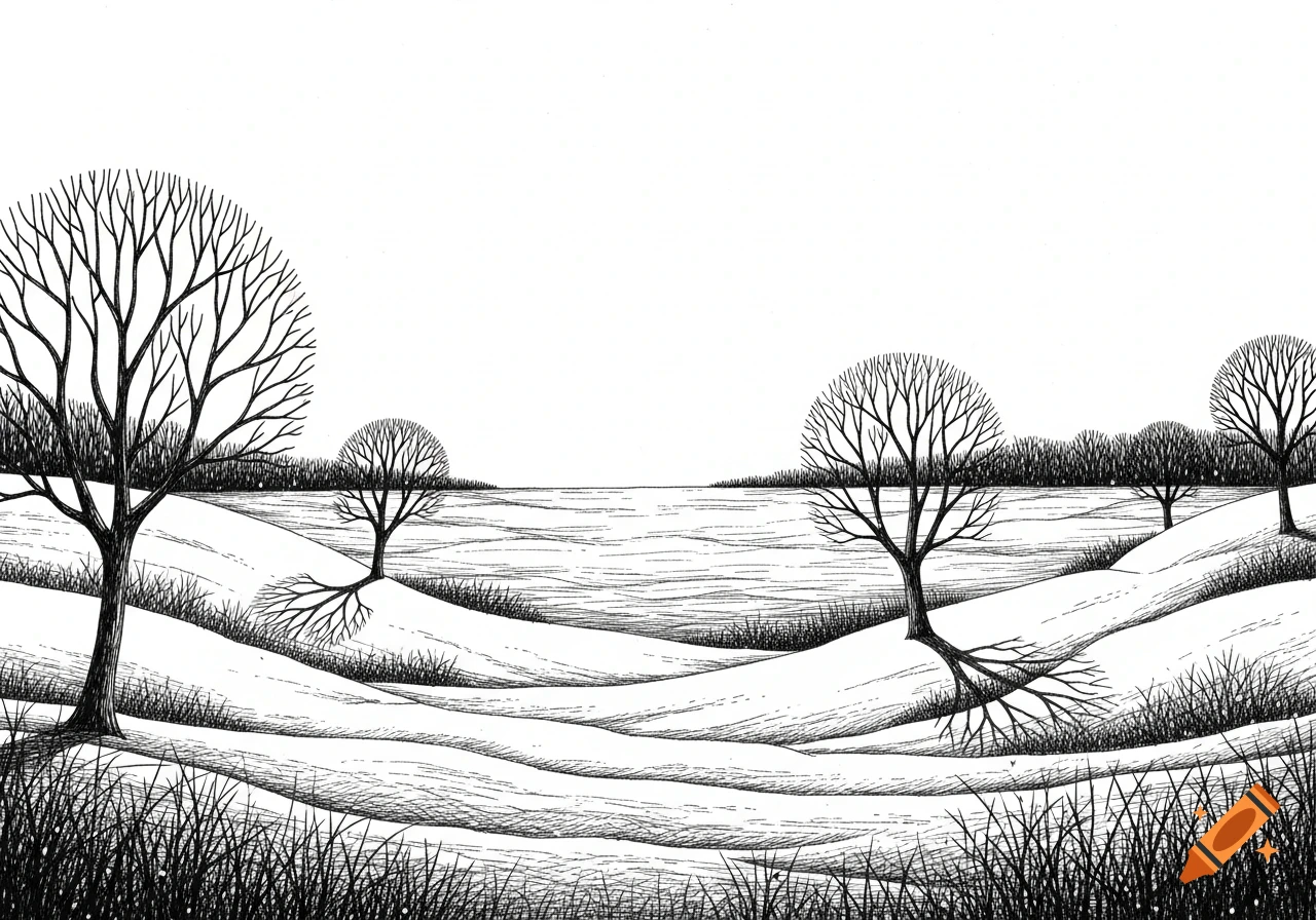 A black ink drawing depicting a winter landscape with snow-covered rolling hills and bare trees.
