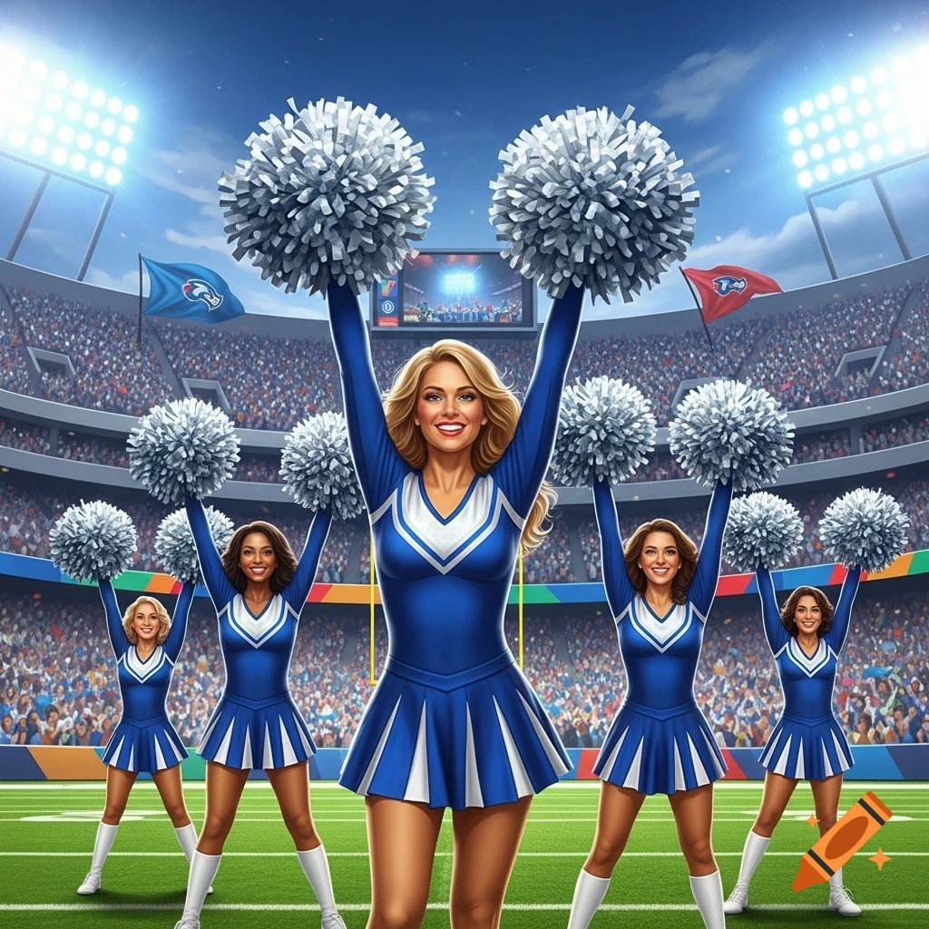 Cheerleader women in blue uniforms holding silver pompoms above their heads in a football stadium.