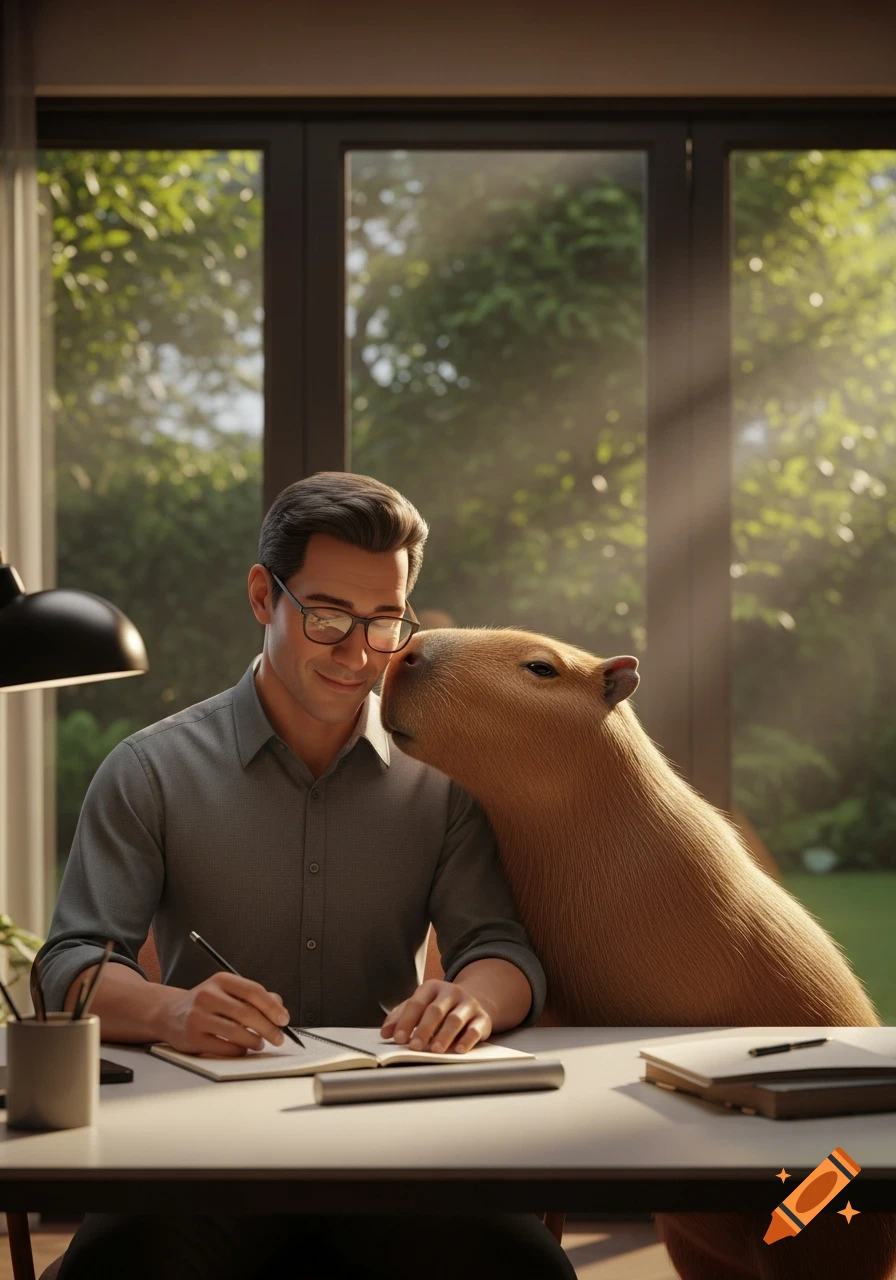 A man in glasses works at a desk, smiling as a capybara nuzzles his face, with a sunny window view.