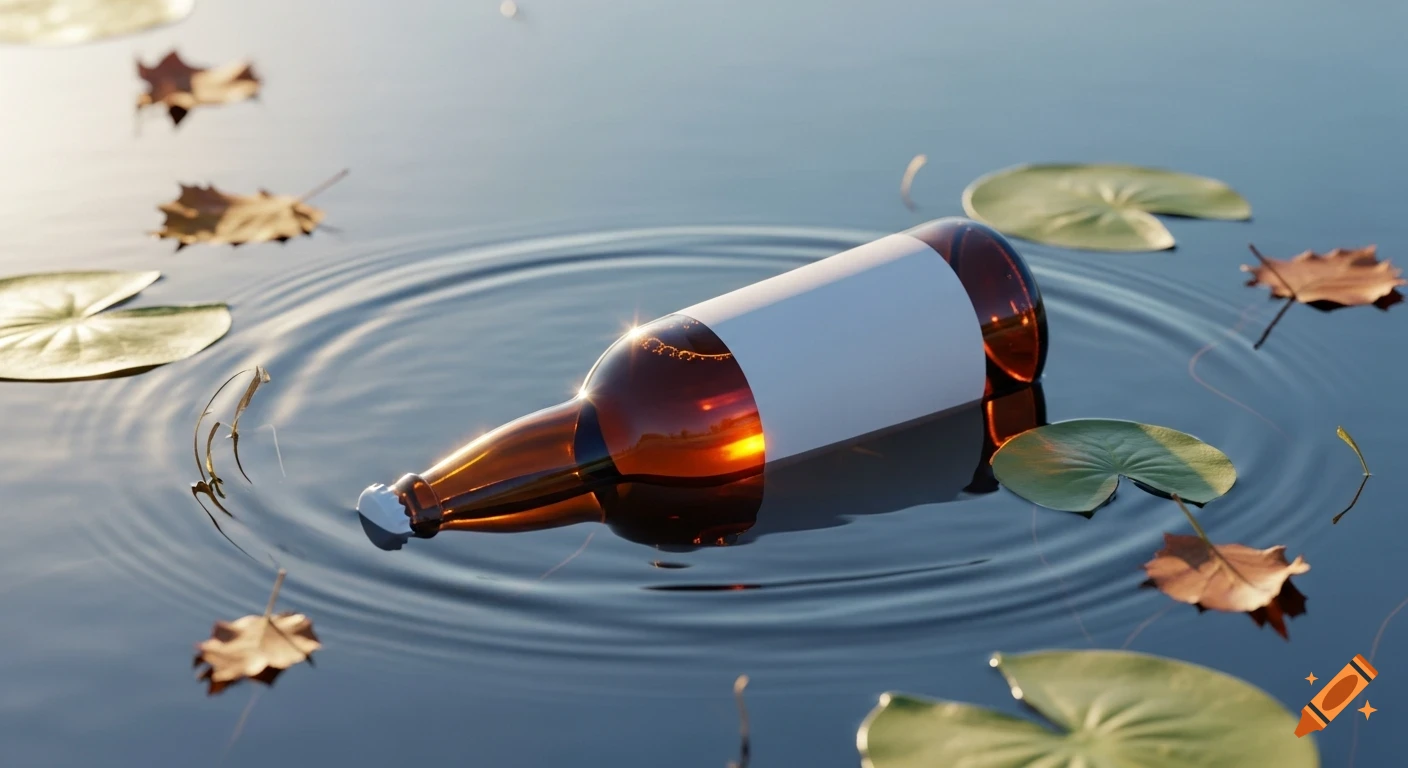 A brown beer bottle with a blank label floats horizontally on still blue water, surrounded by lily pads and autumn leaves, reflecting sunlight.