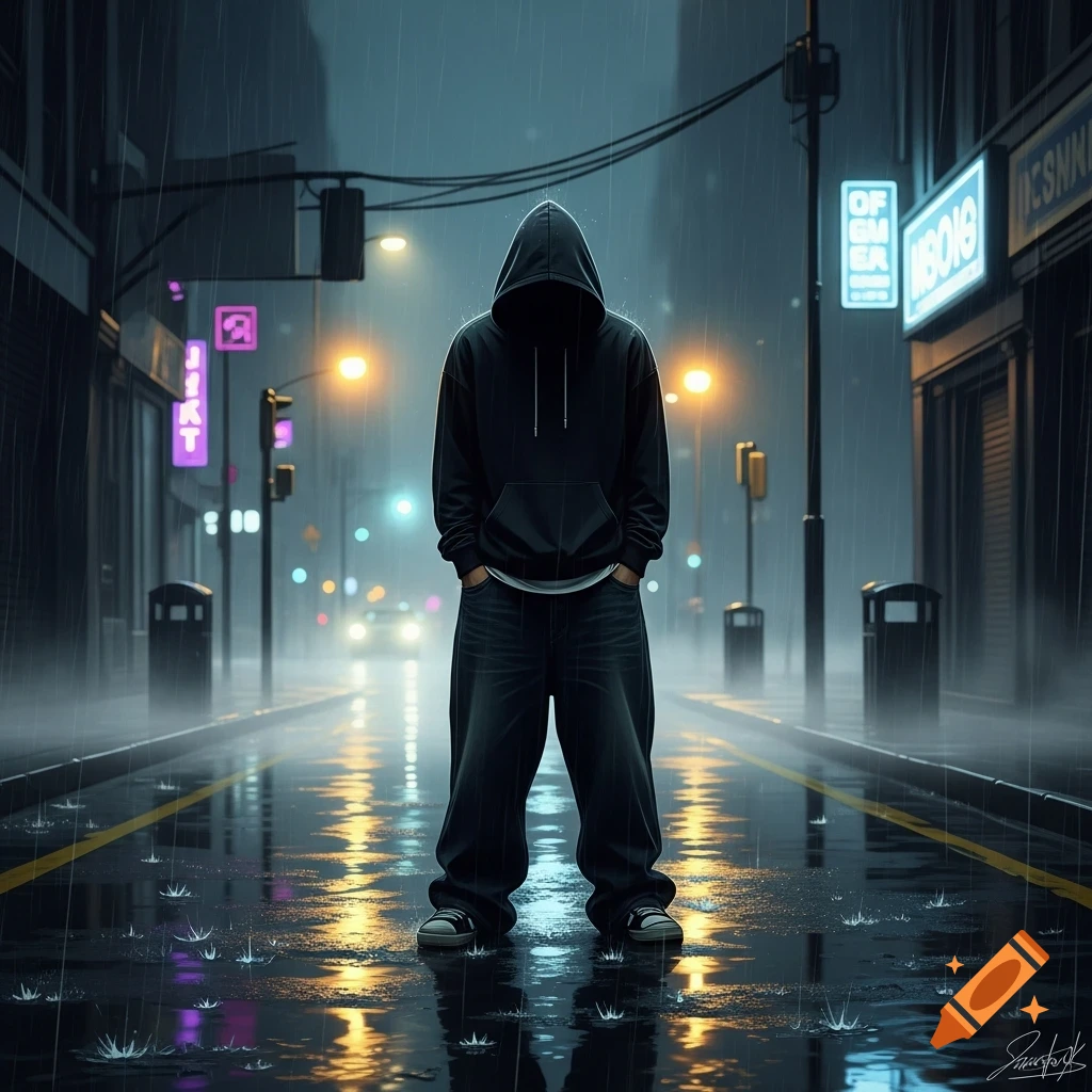 A person in a black hoodie and baggy jeans stands alone on a wet, rainy city street at night, with neon lights reflecting on the pavement.