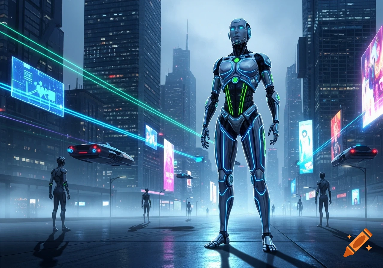 A towering robot with glowing blue and green accents stands in a futuristic city street filled with flying cars and holographic billboards.