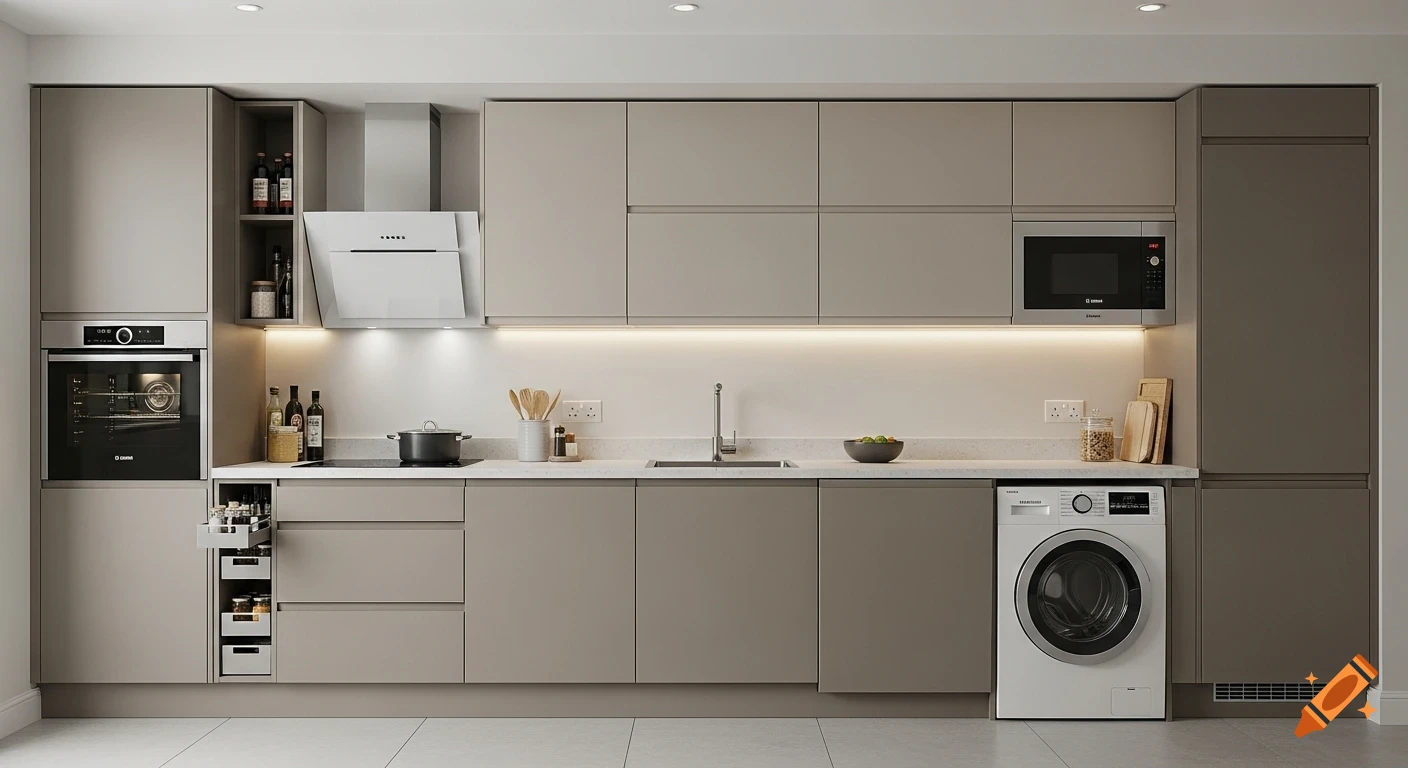 A modern kitchen with matte taupe handleless cabinets, light warm-grey quartz countertop, built-in oven, microwave, sink, and washing machine.
