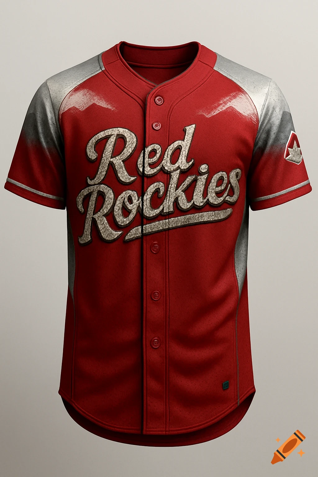 Red and grey baseball jersey with 'Red Rockies' in cream-colored textured letters on the front.