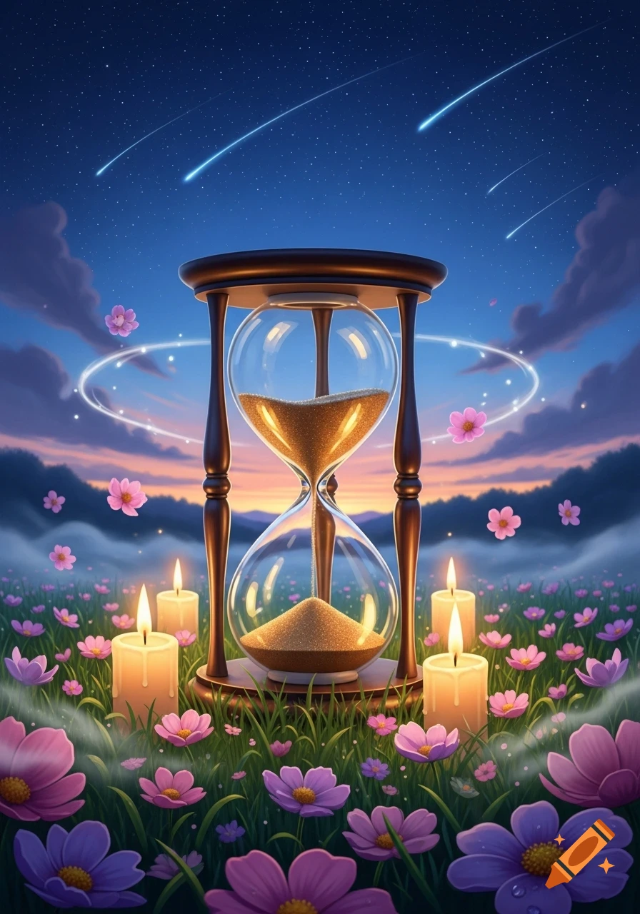 An hourglass in a field of colorful flowers with lit candles under a starry night sky with shooting stars, digital art.
