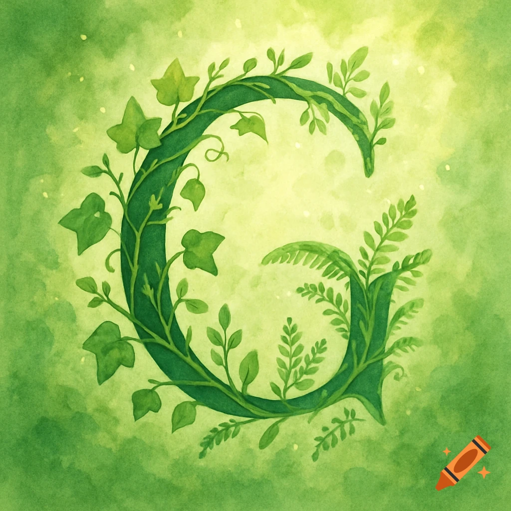 A vibrant green watercolor illustration of the letter G made from leaves and vines on a light green background.