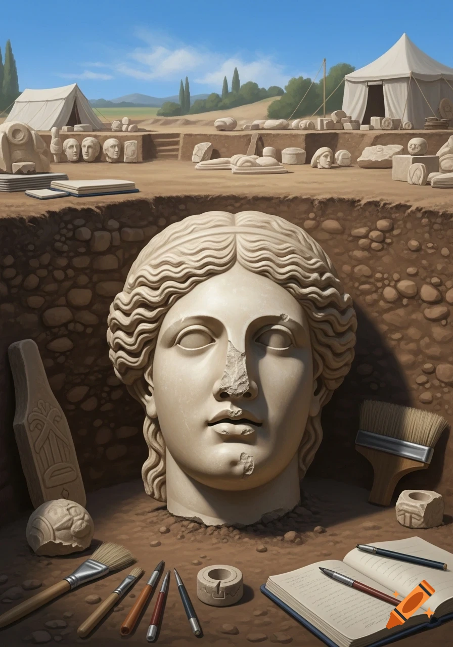Archaeological dig site with a large, partially unearthed ancient marble head of a woman, surrounded by tools.