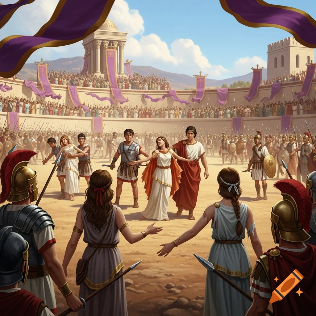 An ancient Roman arena with soldiers and women in togas in the center, surrounded by a large crowd of spectators under a blue sky.