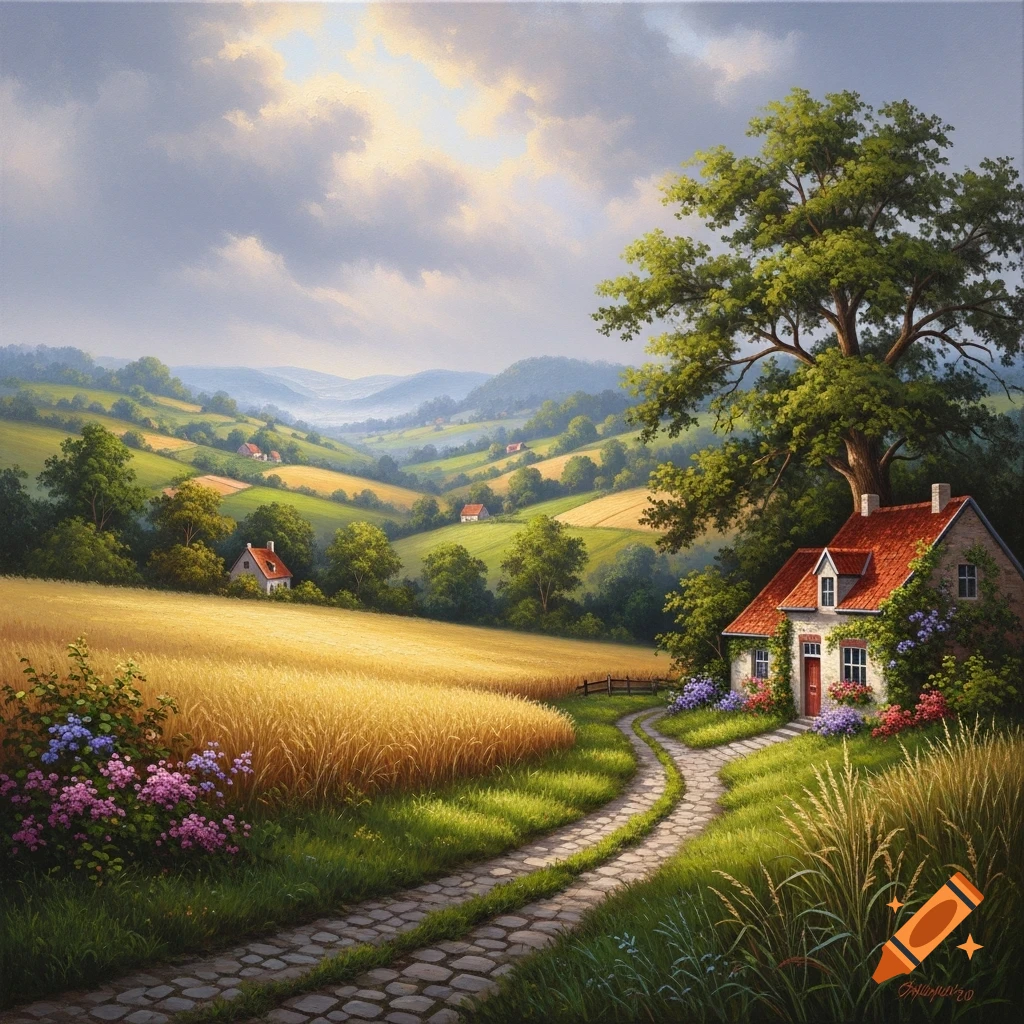 A vibrant oil painting shows a winding stone path leading to a cozy house under a large tree, set amidst golden fields and rolling green hills under a cloudy sky.