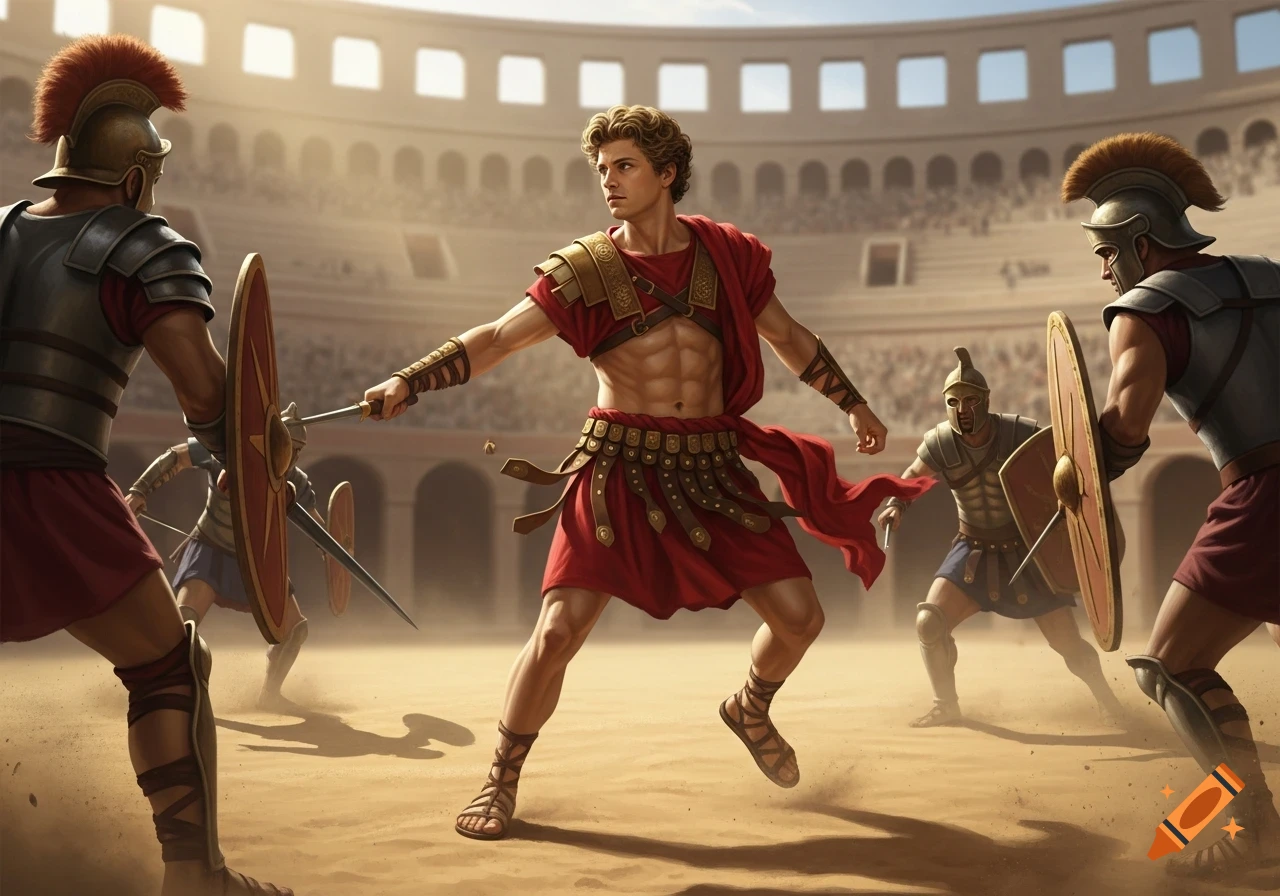A blond, curly-haired Roman emperor in red armor fights gladiators with a sword in a sunlit amphitheater.