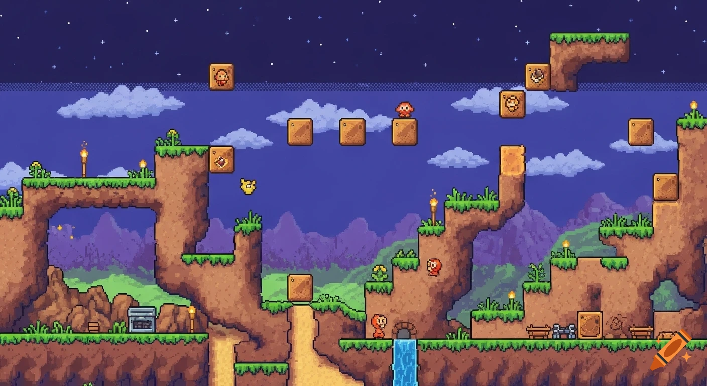 Pixel art side-scrolling video game level with platforms, enemies, torches, and a waterfall under a starry sky.