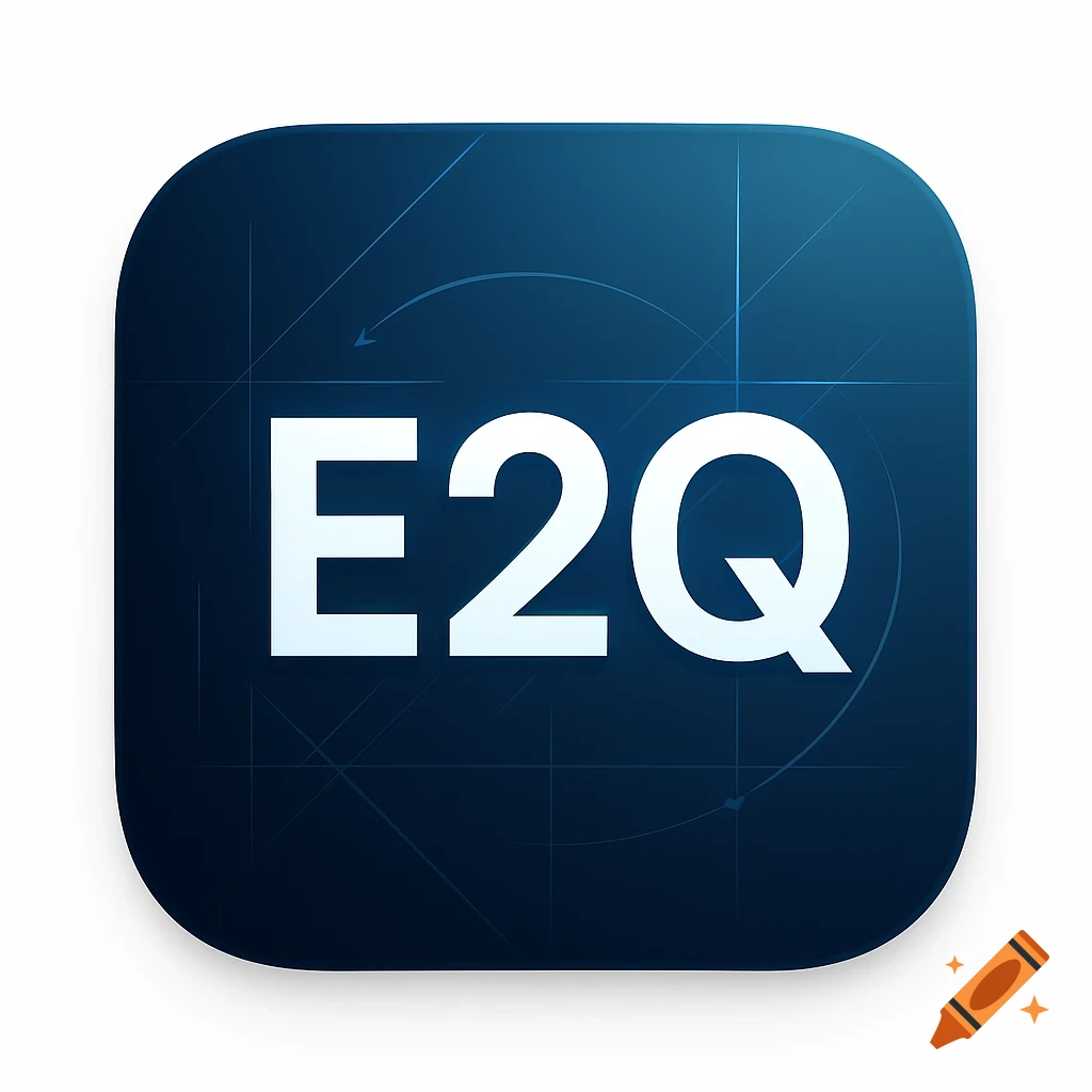 A dark blue app icon with rounded corners features the white letters 'E2Q' in the center, with a subtle futuristic geometric pattern in the background.