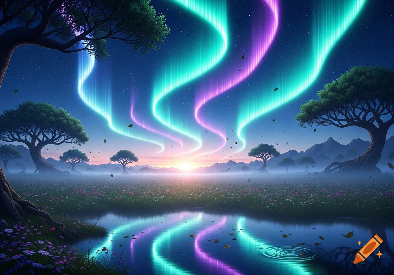 A vibrant fantasy landscape at dawn with purple and teal aurora reflecting in a calm lake amidst flowering fields and ancient trees.