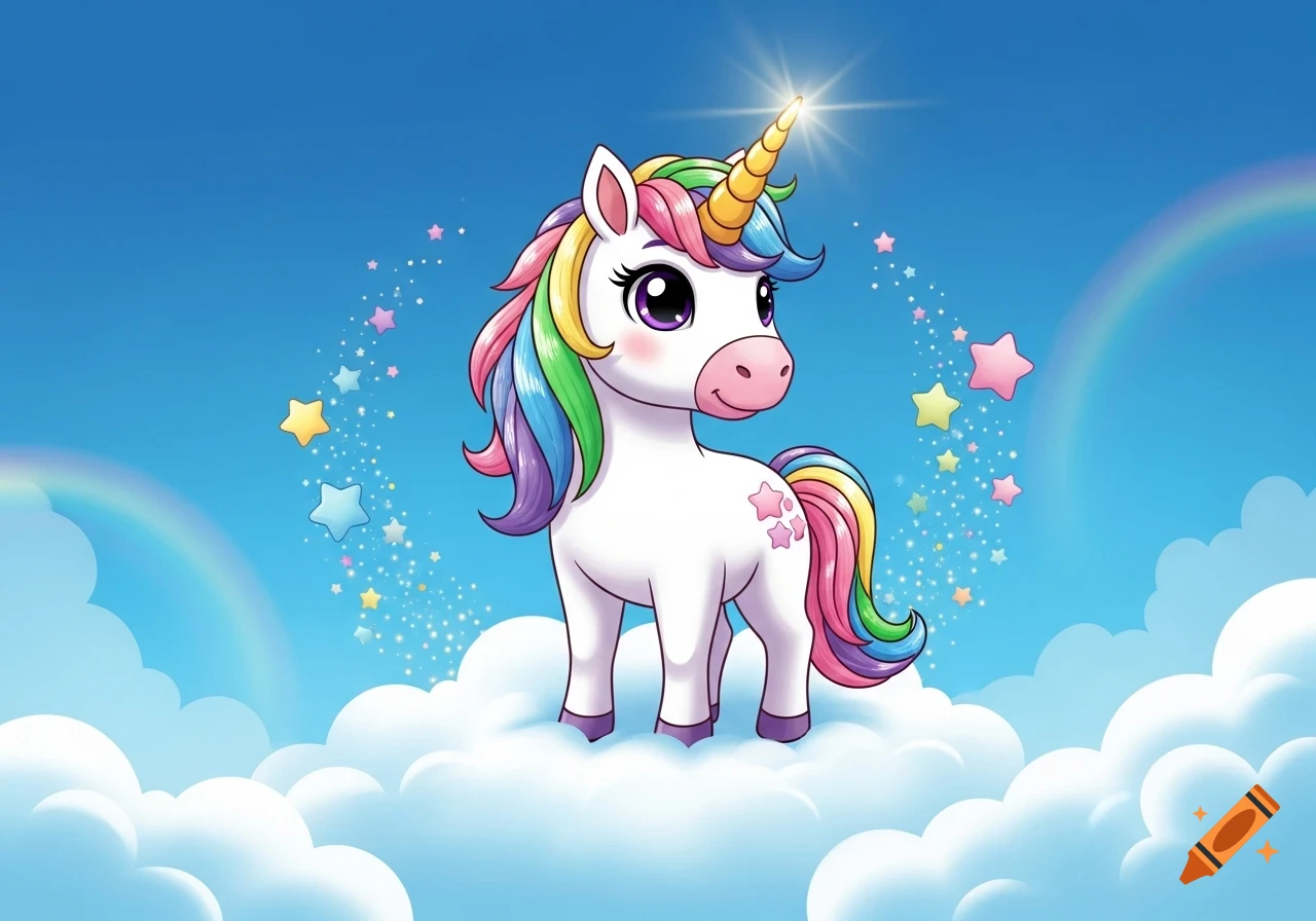 A cute cartoon unicorn with a rainbow mane and tail stands on fluffy white clouds under a blue sky with rainbows and sparkling stars.