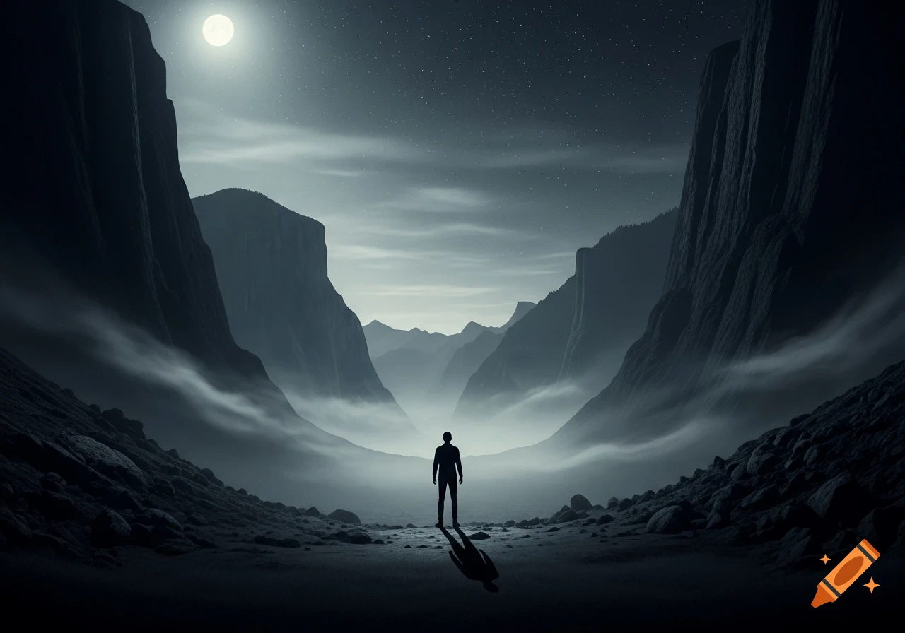 A lone silhouette stands in a dark, misty mountain valley under a full moon and starry sky, with dramatic shadows.
