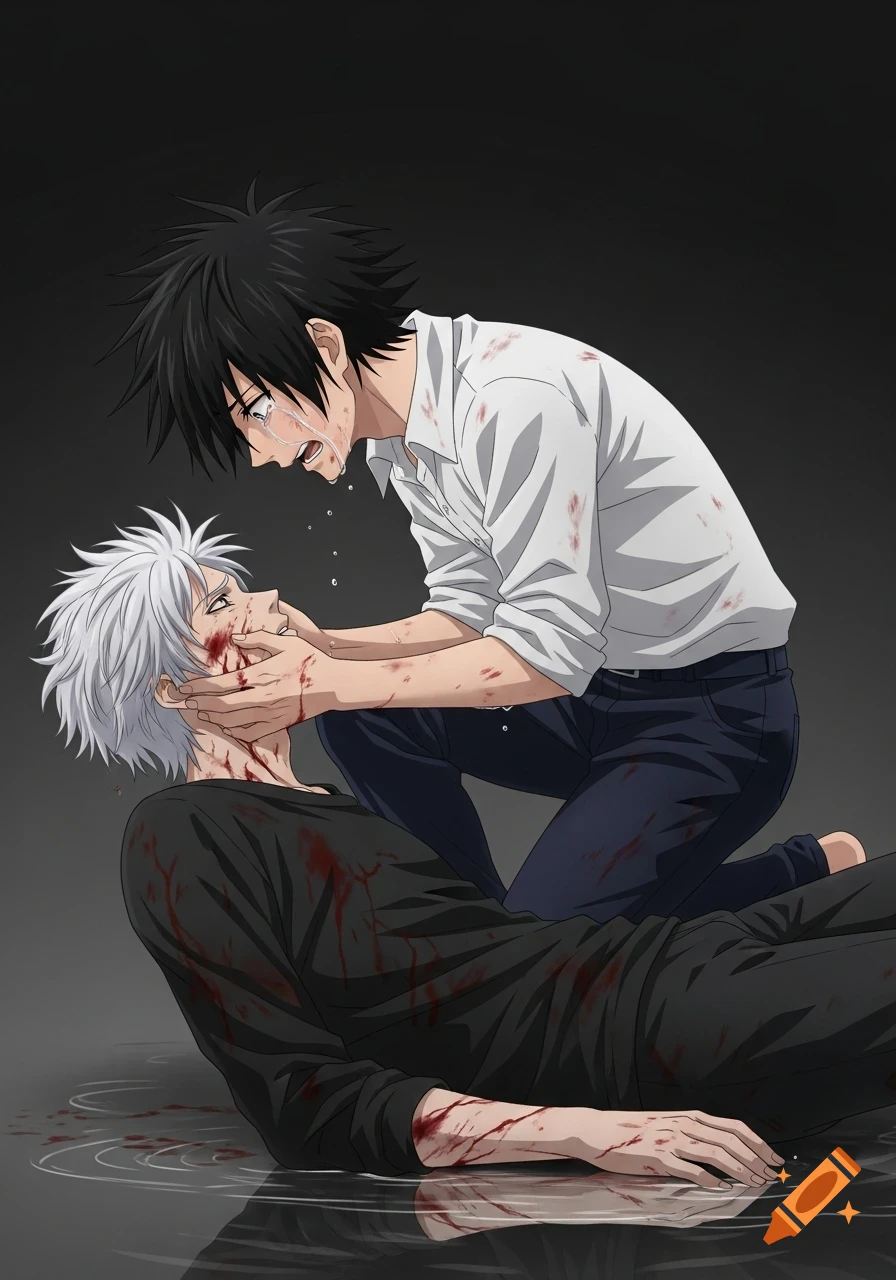 An emotional anime scene showing a black-haired man crying and holding the blood-stained face of a white-haired man on the ground.