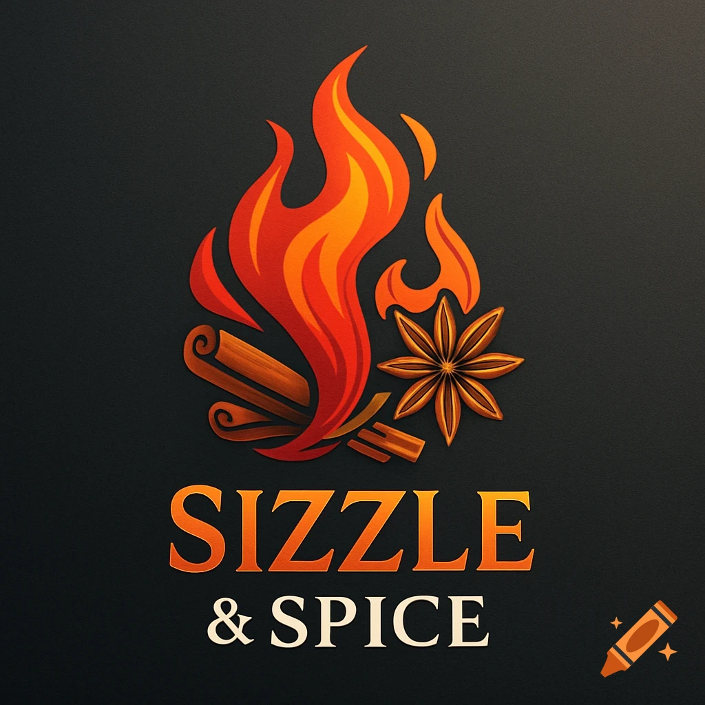 A logo featuring orange and red flames, cinnamon sticks, and star anise, with the text 'Sizzle & Spice' below.