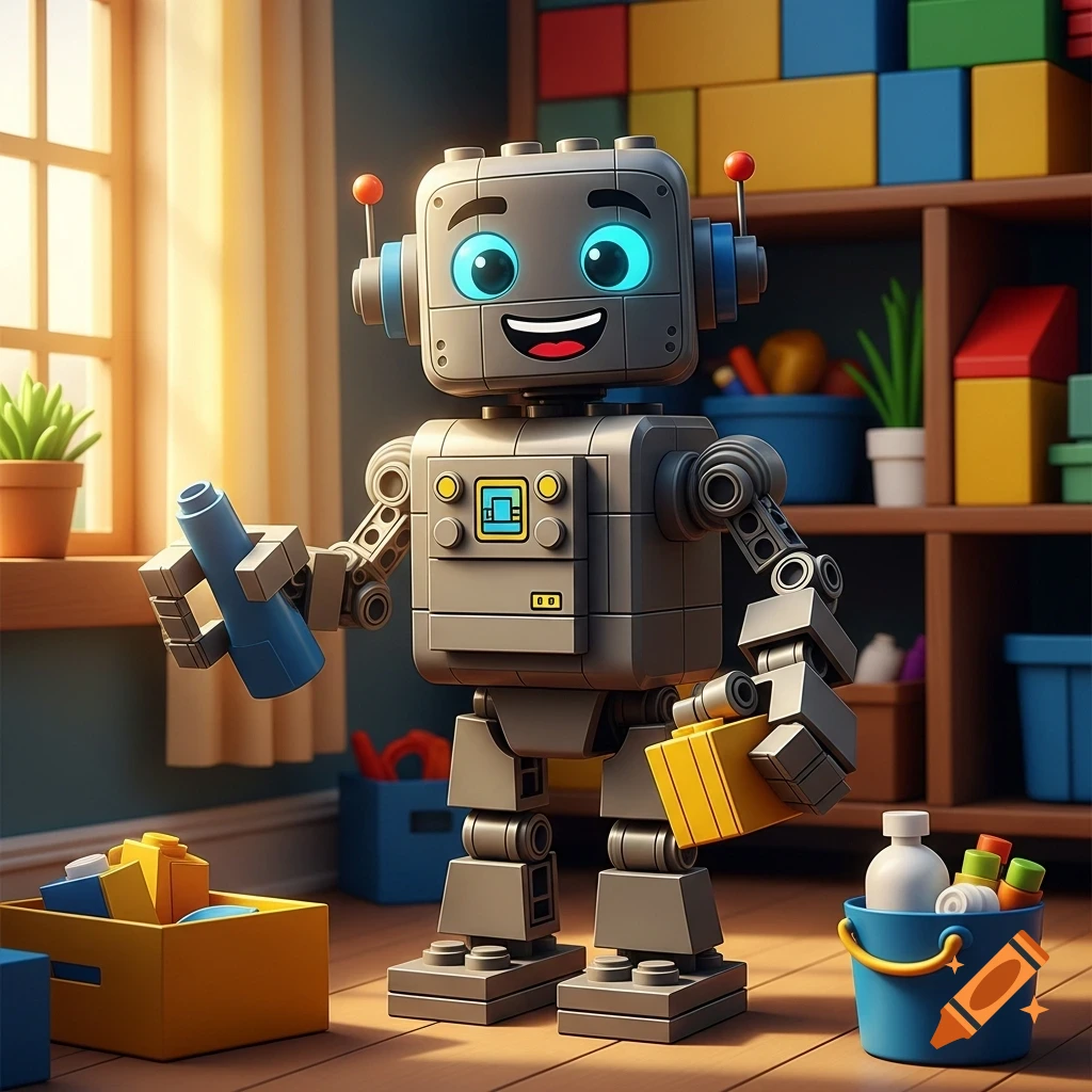 A cheerful LEGO-style robot in a child's room, holding a blue block and a yellow box, surrounded by colorful toys.